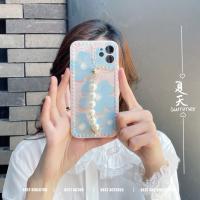 iPhone12/12 Pro 直邊魔方藍色水彩花珍珠手鍊保護殼